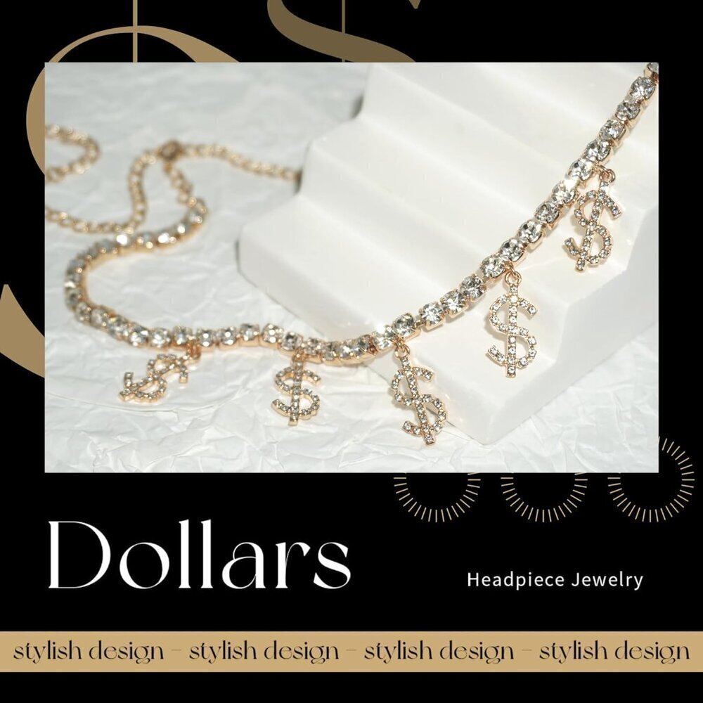 Gold Headpiece Dollar Sign Head Chain Bling Money Dangle Rhinestone Head Jewelry - Picture 7 of 7